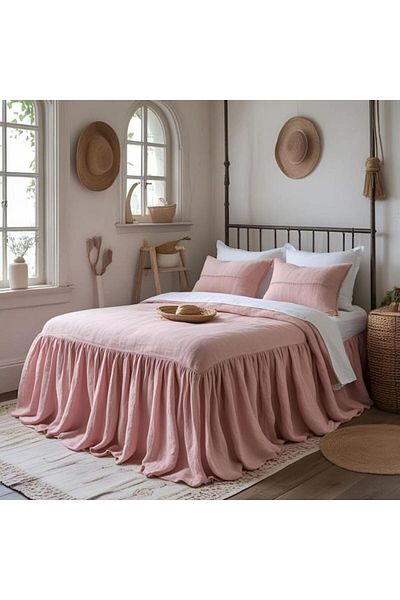 shules collection Rustic Stylish Linen Ruffle - Soft Pink Bed Skirt 180X200