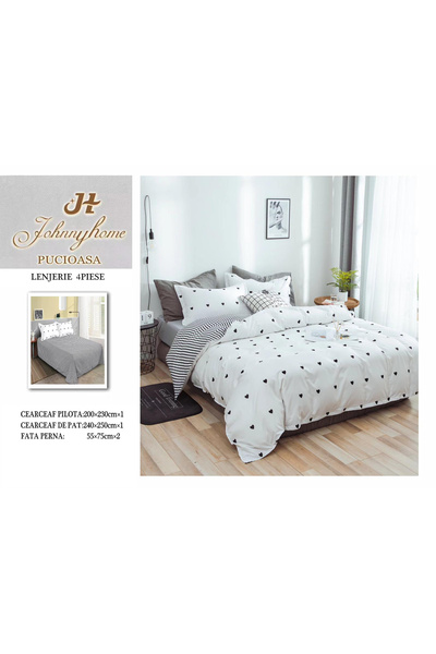 FIONNA.RO Superior Satin Cotton Bed Linen - White With Black Hearts