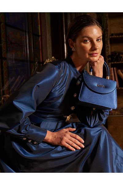 Kayra Belt Detailed Taffeta Dress Navy Blue
