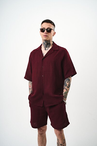 Respire Men's Short Sleeve Oversize Muslin Shirt Claret Red
