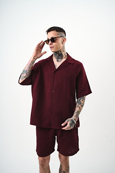 Respire Men's Short Sleeve Oversize Muslin Shirt Claret Red