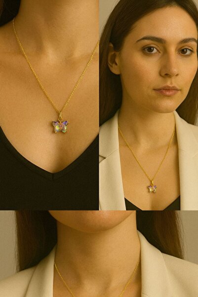 Karem Jewellery قلادة ذهبية للنساء على شكل فراشة من الأحجار الكريمة الملونة