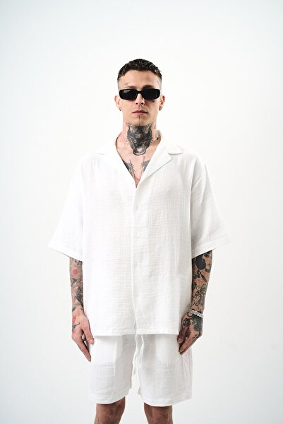 Respire Men's Short Sleeve Oversize Muslin Shirt White