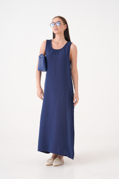 Butik 100% Cotton Muslin Fabric Zero Sleeve Long Dress -Mg002