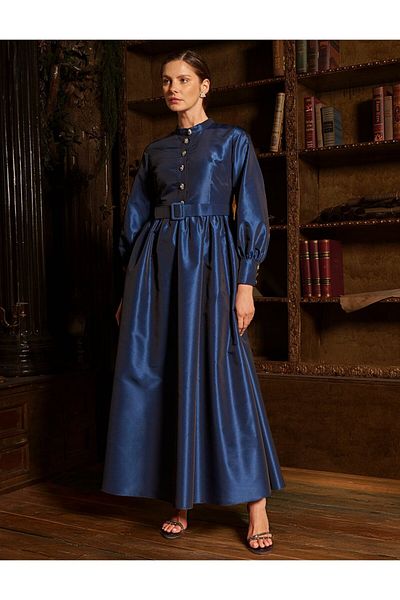 Kayra Belt Detailed Taffeta Dress Navy Blue