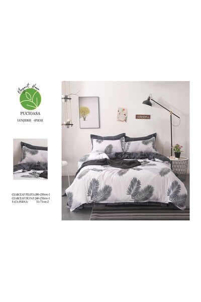 FIONNA.RO Superior Satin Cotton Bed Linen - Grey Leaves