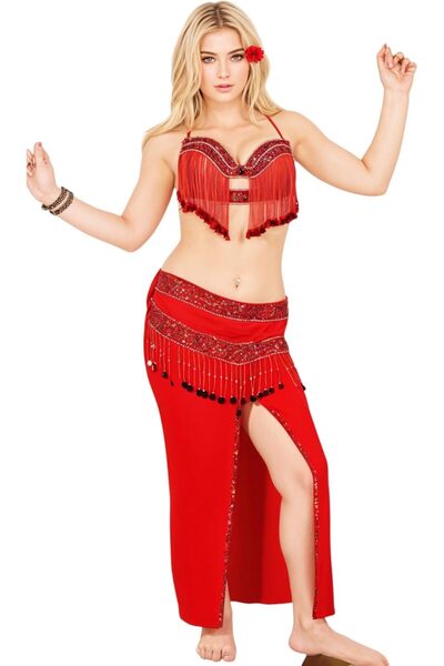 Generic 2 Piece Oriental Dance Suit Lycra Fabric Free Size Wear Up To 65K Red