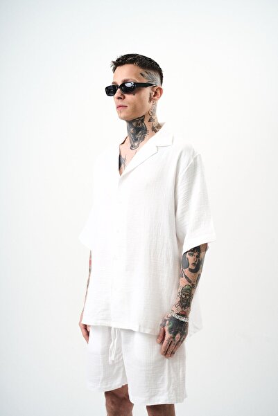 Respire Men's Short Sleeve Oversize Muslin Shirt White