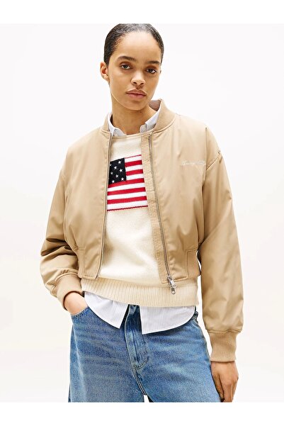Tommy Hilfiger Kadın Naylon Normal Kesim Kısa Bej Bomber Ceket WW0WW45634AEH
