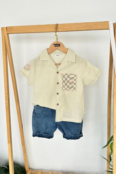 Minigimin Cicileri Miniğimin Cicileri Linen Palm Printed Short Sleeve Boys Shirt Denim Shorts Set - Light Ye