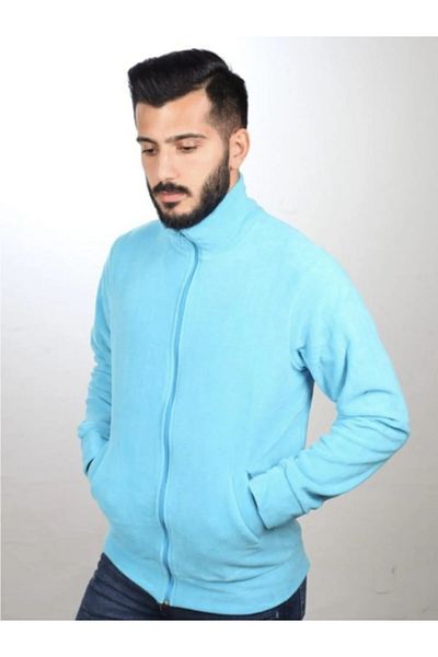 ModAras Unisex Blue Zippered Stand Collar Fleece Coat - Blue - Arassumatpaolaar-Mavi