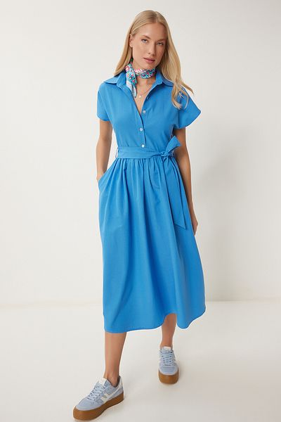 Lovelyİstanbul Belted Midi Woven Shirt Dress Lub0188 Blue