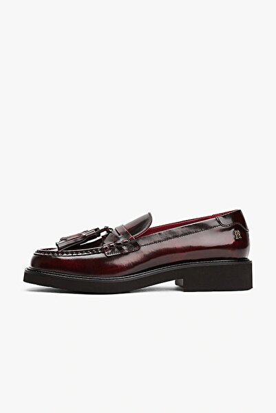 Tommy Hilfiger Kadın Püsküllü Köşeli Burun Deri Bordo Loafer FW0FW08749XJS