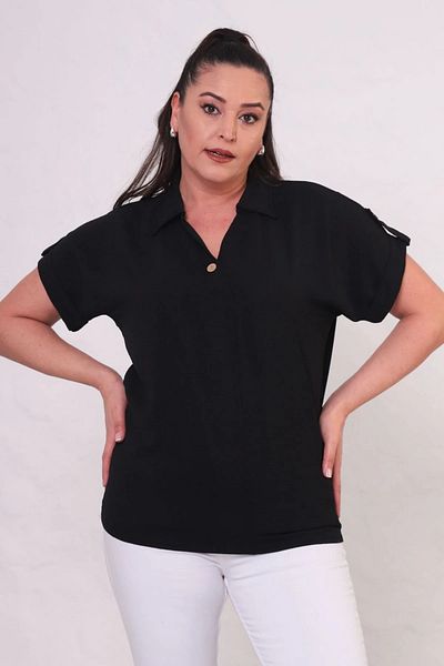 FOR ESRA BIG TREND Women's Plus Size Polo Neck V Patch Ornamental Button Double Sleeve Flexible Aerobin Blouse with Epaulettes