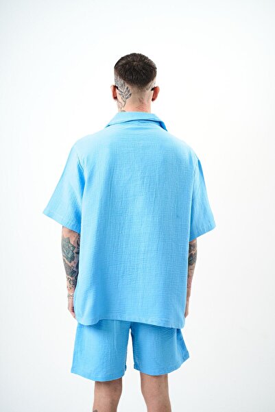 Respire Men's Short Sleeve Oversize Muslin Shirt Bebeblue