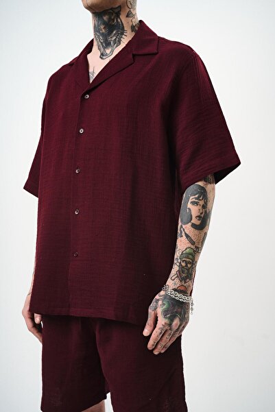 Respire Men's Short Sleeve Oversize Muslin Shirt Claret Red