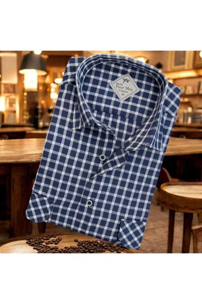 EREN STYLE Λινό κλασικό μακρυμάνικο πουκάμισο μπλε μπαμπά με δύο τσέπες (κανο...