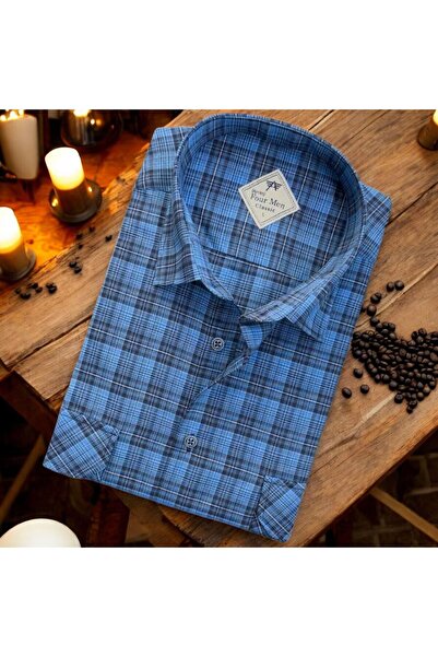 EREN STYLE Λινό κλασικό μακρυμάνικο πουκάμισο μπλε μπαμπά με δύο τσέπες (κανο...