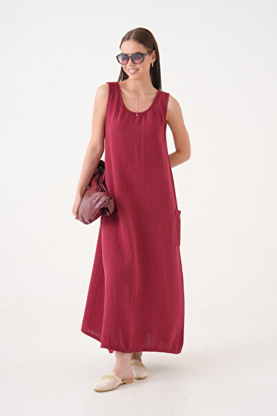 Butik %100 Pamuk Müslin Kumaş Sıfır Kol Uzun Elbise -mg002