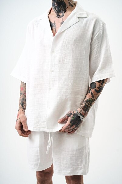 Respire Men's Short Sleeve Oversize Muslin Shirt White