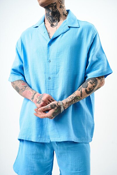 Respire Men's Short Sleeve Oversize Muslin Shirt Bebeblue