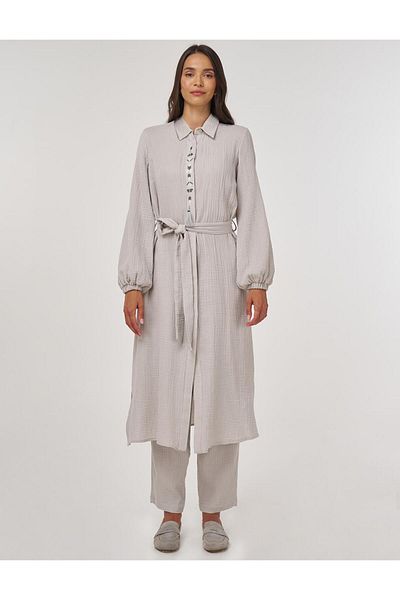 Kayra Tassel Detailed Muslin Double Set Light Gray