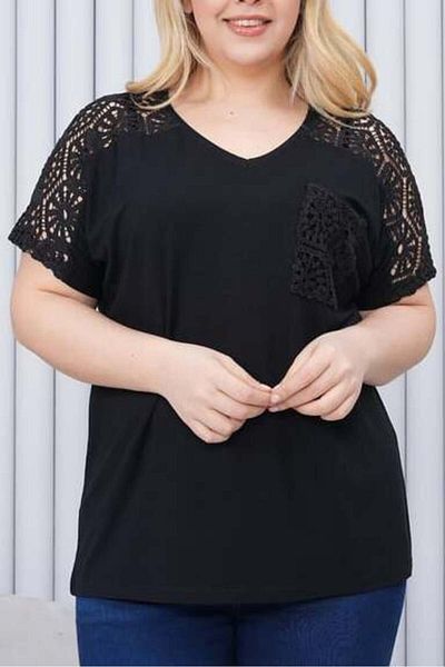 FOR ESRA BIG TREND Women's Plus Size Shoulder and Pocket Lace V Neck Patch Flexible Blouse