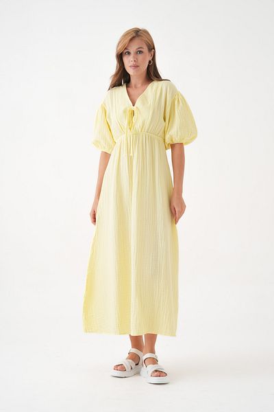 Butik 100% Cotton V-Neck Muslin Fabric Elastic Waist Rope Detailed Short Sleeve Dress Mg-2025