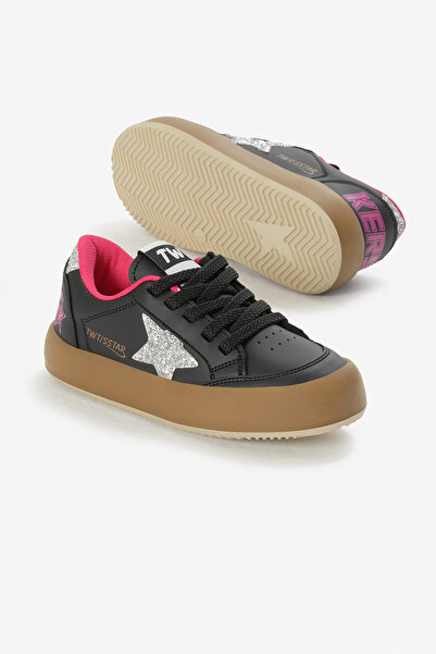 Tonny Black Çocuk Unisex Siyah Gümüş Termo Taban Yıldız Detaylı Bağcıklı ve Cırtlı Spor Ayakkabı