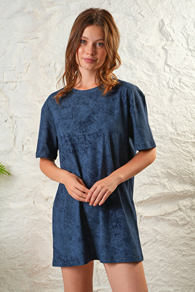 Avones Kadın Asit Yıkamalı Batik Desen Rahat Kesim Mini Boy Elbise