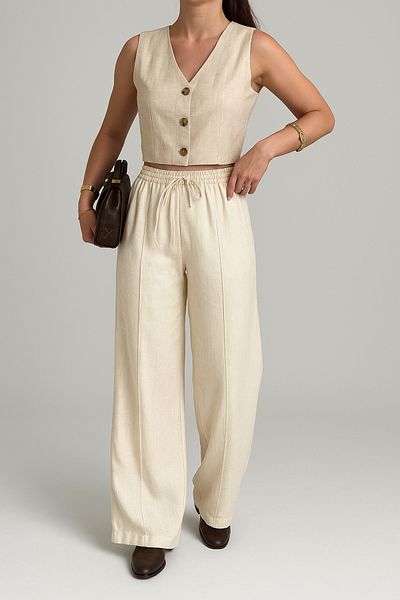 My Blog Ecru Color 100% Linen Palazzo Trousers 3455