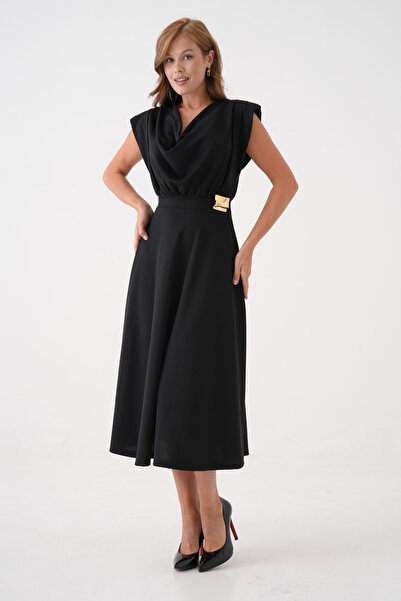 lovebox Black Stretchy Crepe Fabric Degaje Collar Shoulder Padding Detailed Flared Midi Evening Dress 77129