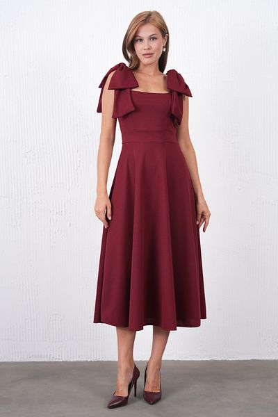 barış sülün lovebox Women's Crepe Fabric Square Neck Bow Strap Detailed Midi Burgundy Flared Evening Dress 77127