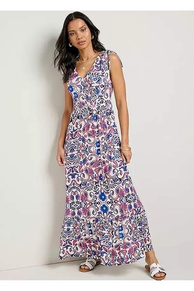 Şans Γυναικείο φόρεμα Plus Size Λευκό, Μπλε Floral με λαιμόκοψη V στον ώμο και μπροστινή λεπτομέρεια 65N39038