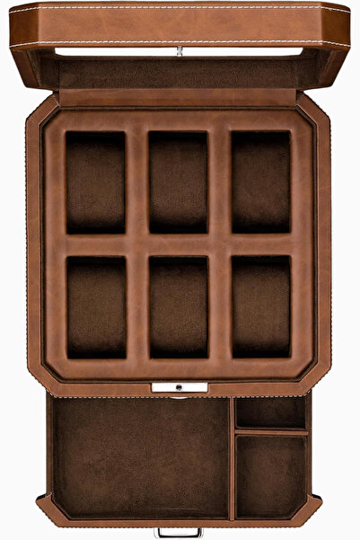 ROTHWELL Men's Accessories Organizer with 6 Slots Luxury Leather Watch Box and Valet Drawer
