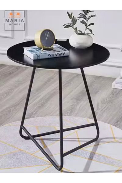 MARIA HOMES Modern Black Round Side Table with Geometric Metal Frame Perfect for Living Rooms and Offices