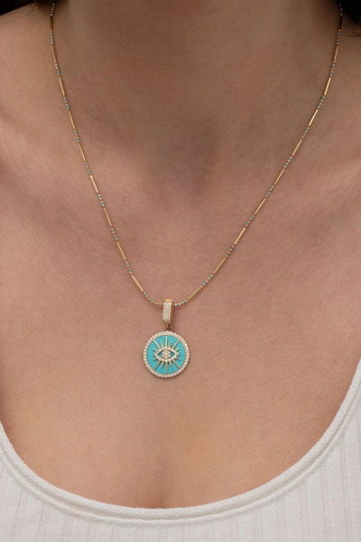 NİSERAJEWELLERY Yuvarlak Kirpik Mavi Mineli Altın Kolye Ucu