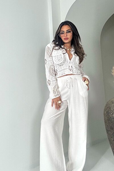 Sohotique By P Drawstring Waist Elastic Krinkle Trousers Ecru