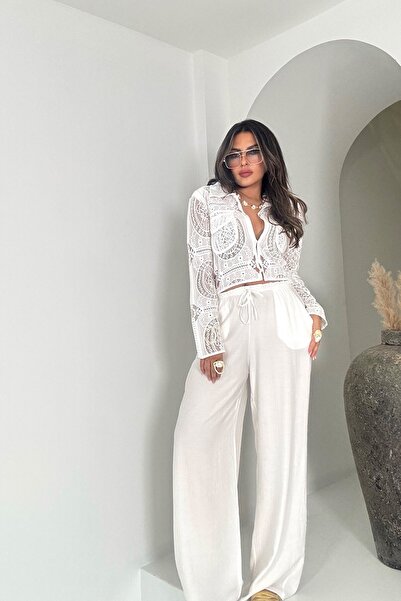 Sohotique By P Drawstring Waist Elastic Krinkle Trousers Ecru