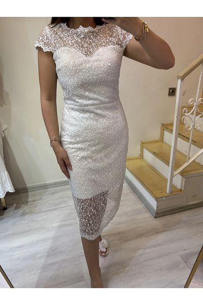 ROSSA Lace Stone Detailed Evening Dress