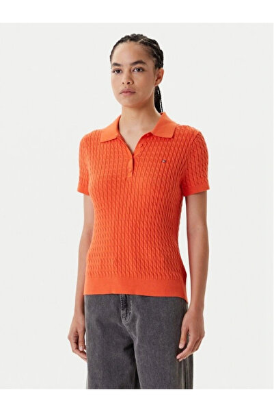 Tommy Hilfiger Women's Cotton Thin Knit Short Sleeve Orange Polo Collar Sweater Ww0Ww41474Scx