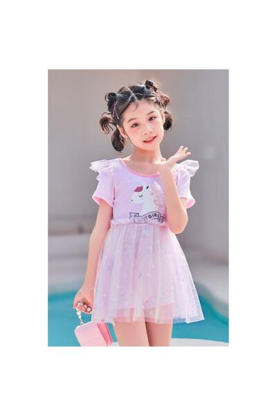 Mixbo - One-Piece Swimsuit for Kids, Tulle Skirt Model, Purple Unicorn, 49 cm