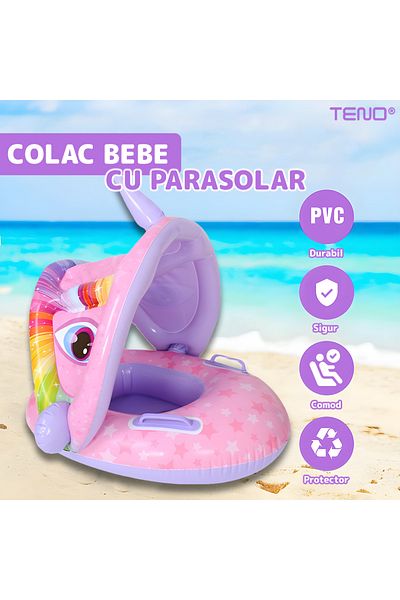 Teno Colac Inot cu Parasolar pentru Bebelusi Teno®, model unicorn, parasolar detasabil, 3-36 luni, mov