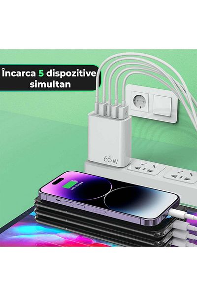 Timebox Încărcător de rețea, 5 porturi, încărcare rapidă 65W, 3 x USB, 2 x Tip-C, cablu de date Lightning la USB-C inclus