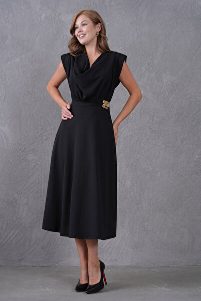 barış sülün lovebox Women's Black Stretchy Crepe Fabric Degaje Collar Shoulder Padded Midi Flared Evening Dress 77129