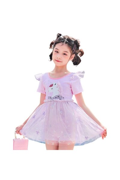 Mixbo - One-Piece Swimsuit for Kids, Tulle Skirt Model, Purple Unicorn, 49 cm