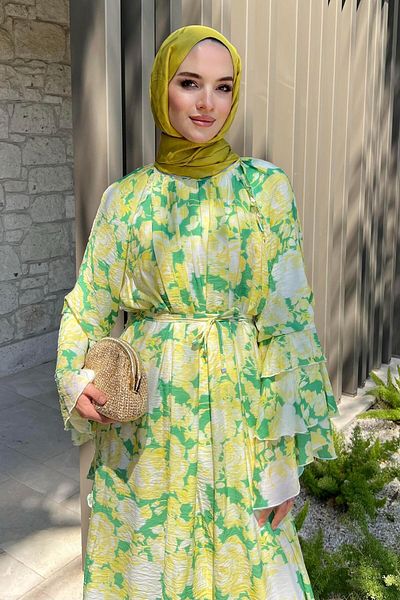 BİNAAR Floral Dress with Side Ruffle Detail Green