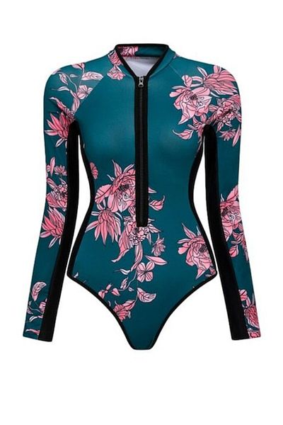 Mixbo Mixbo long sleeve one-piece swimsuit, zipper closure, Brazilian panties, floral print