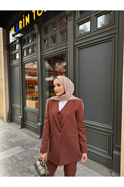 Moda İkra Γιλέκο παλτό Skinny Leg Παντελόνι Μέση Καουτσούκ Λεπτομέρεια 3 τεμαχίων