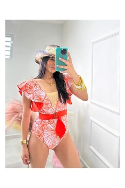 Mixbo One-Piece Swimsuit Mixbo, with Ruffles, Floral Print, Size L